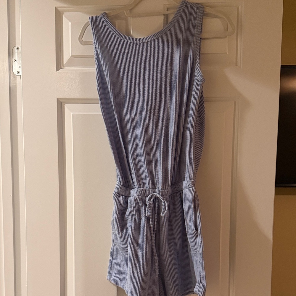 Lush Pale Blue Knit Romper with Drawstring Waist